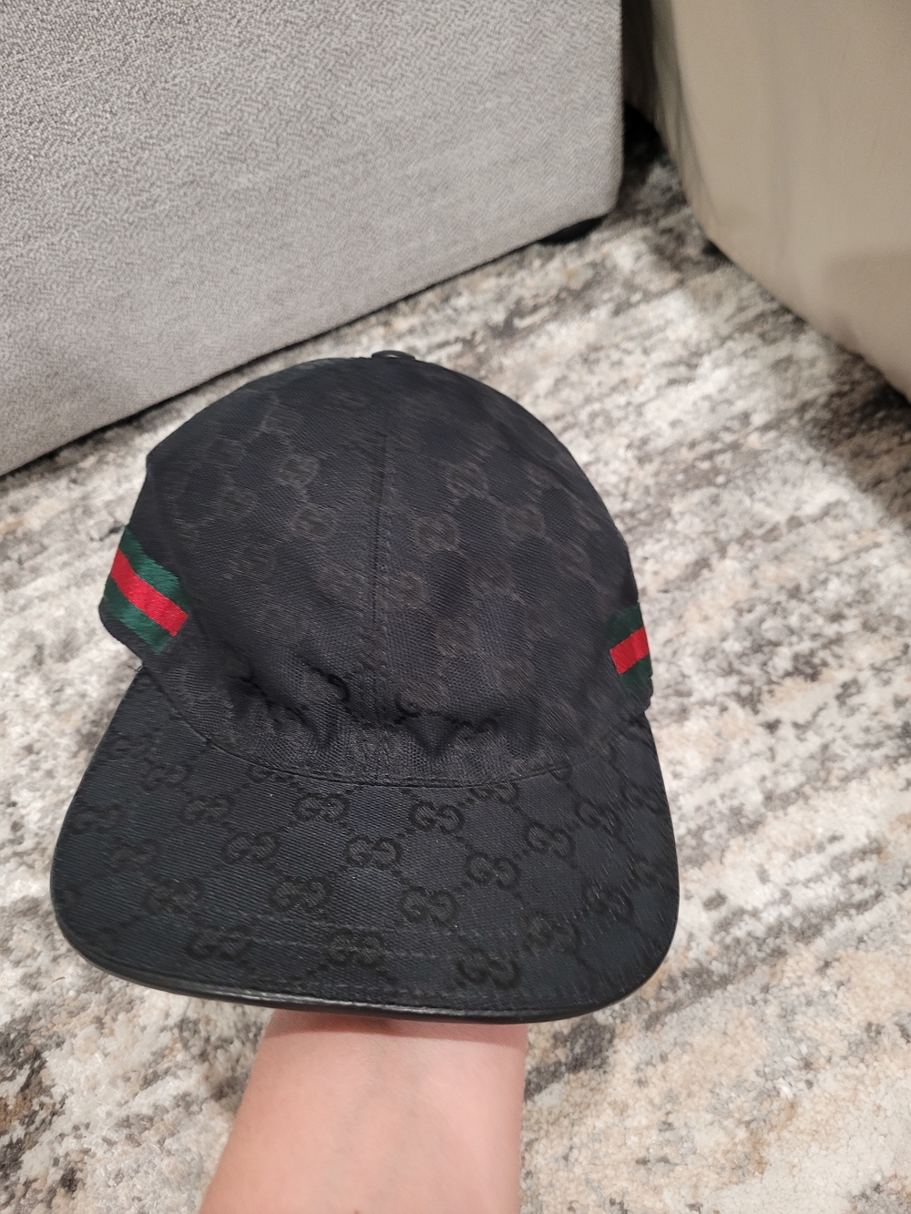 Authentic Gucci Black Monogram Baseball Cap with Red & Green Strip. Size L